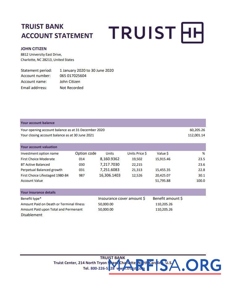 Realistic USA Truist bank statement excel download for verification